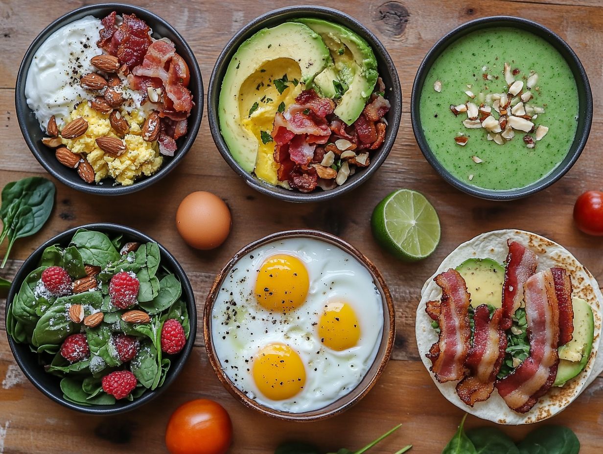 A balanced low-carb keto breakfast featuring eggs, avocado, and spinach.