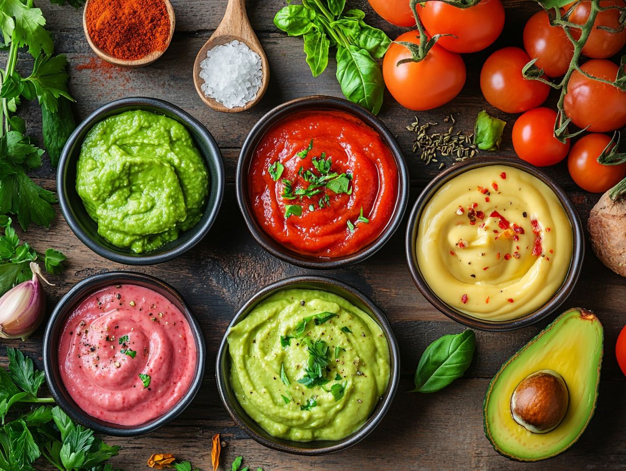 A variety of keto-friendly sauces displayed in small bowls.