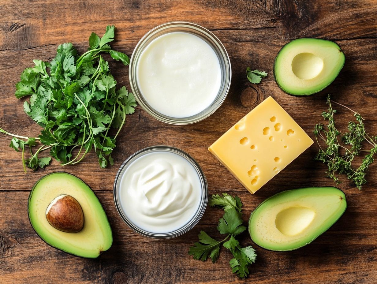 An assortment of dairy products including milk, cheese, and yogurt.