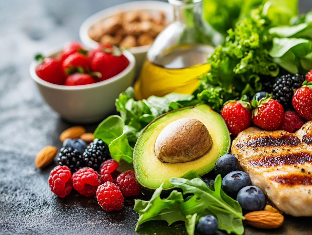 A colorful plate of whole foods including vegetables, healthy fats, and proteins