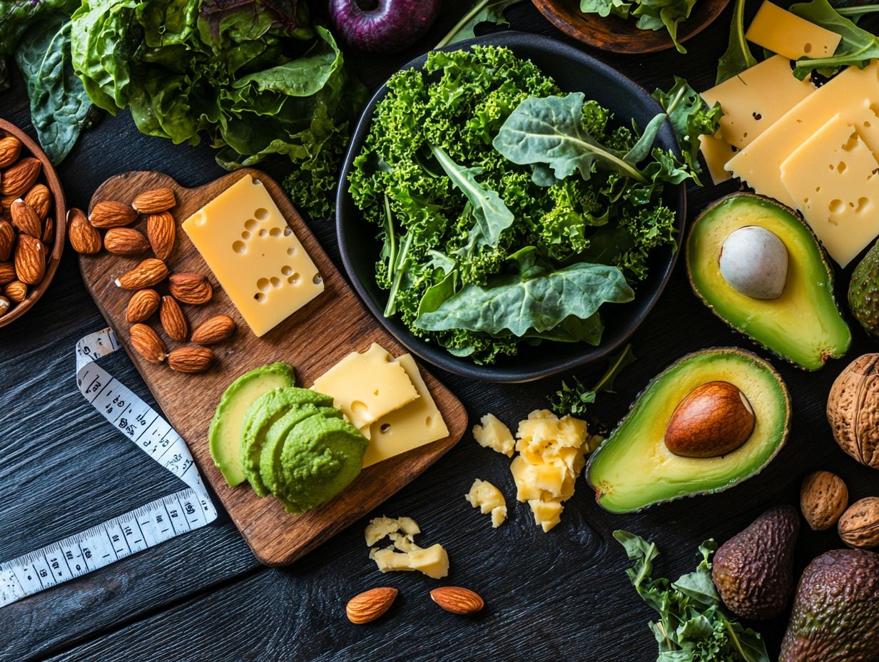 Keto-friendly foods including healthy fats and low-carb vegetables