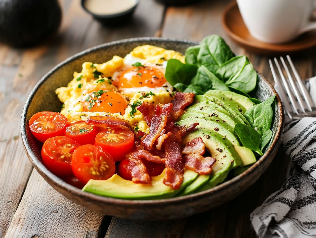 Colorful keto-friendly breakfast bowls showcasing healthy ingredients.