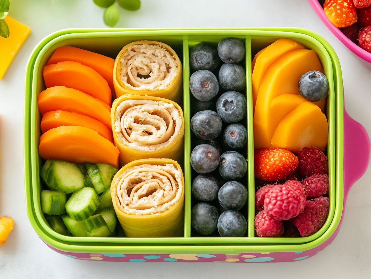 Colorful and healthy keto-friendly lunchbox ideas for kids, including turkey roll-ups and cheese sticks.