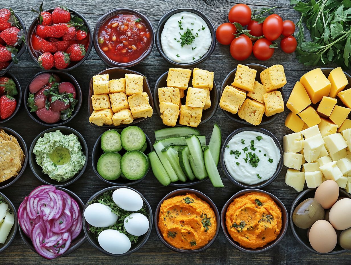 A colorful assortment of keto-friendly snacks and sides.