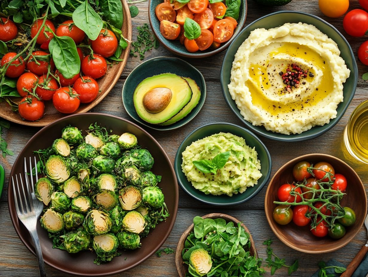 A variety of popular keto-friendly side dishes on a table.