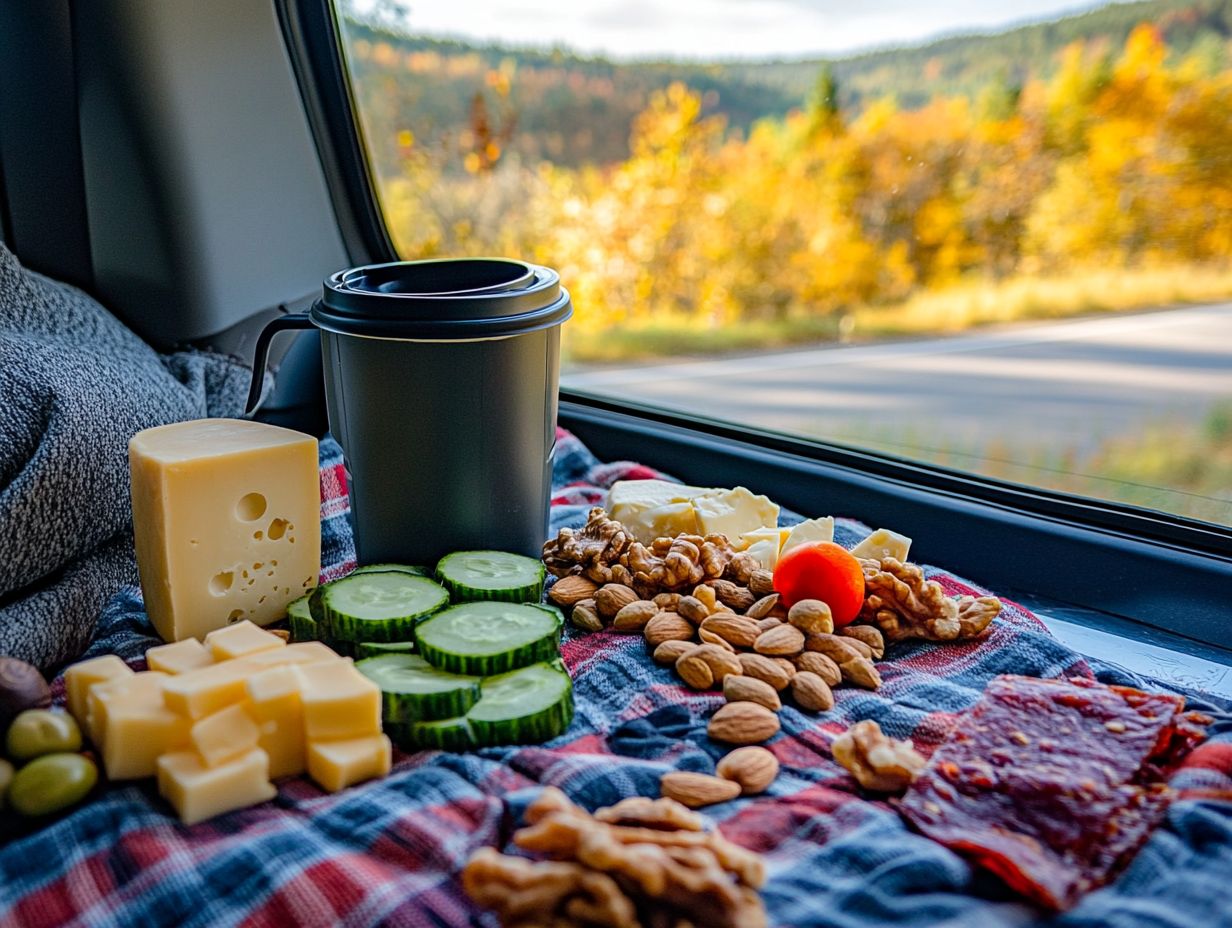 A variety of keto-friendly snacks for road trips.