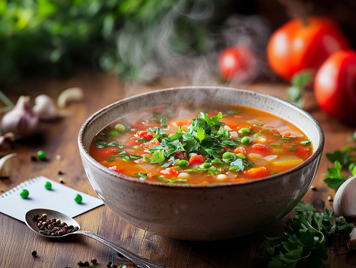 A bowl of Creamy Tomato Basil Soup garnished with fresh basil.