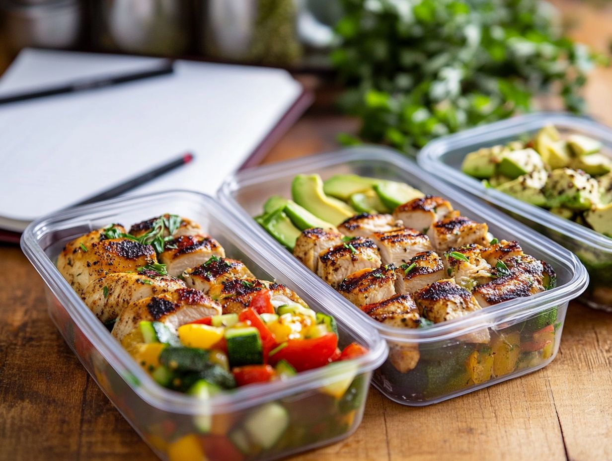 A colorful display of keto meal prep featuring zoodles and cauliflower rice.