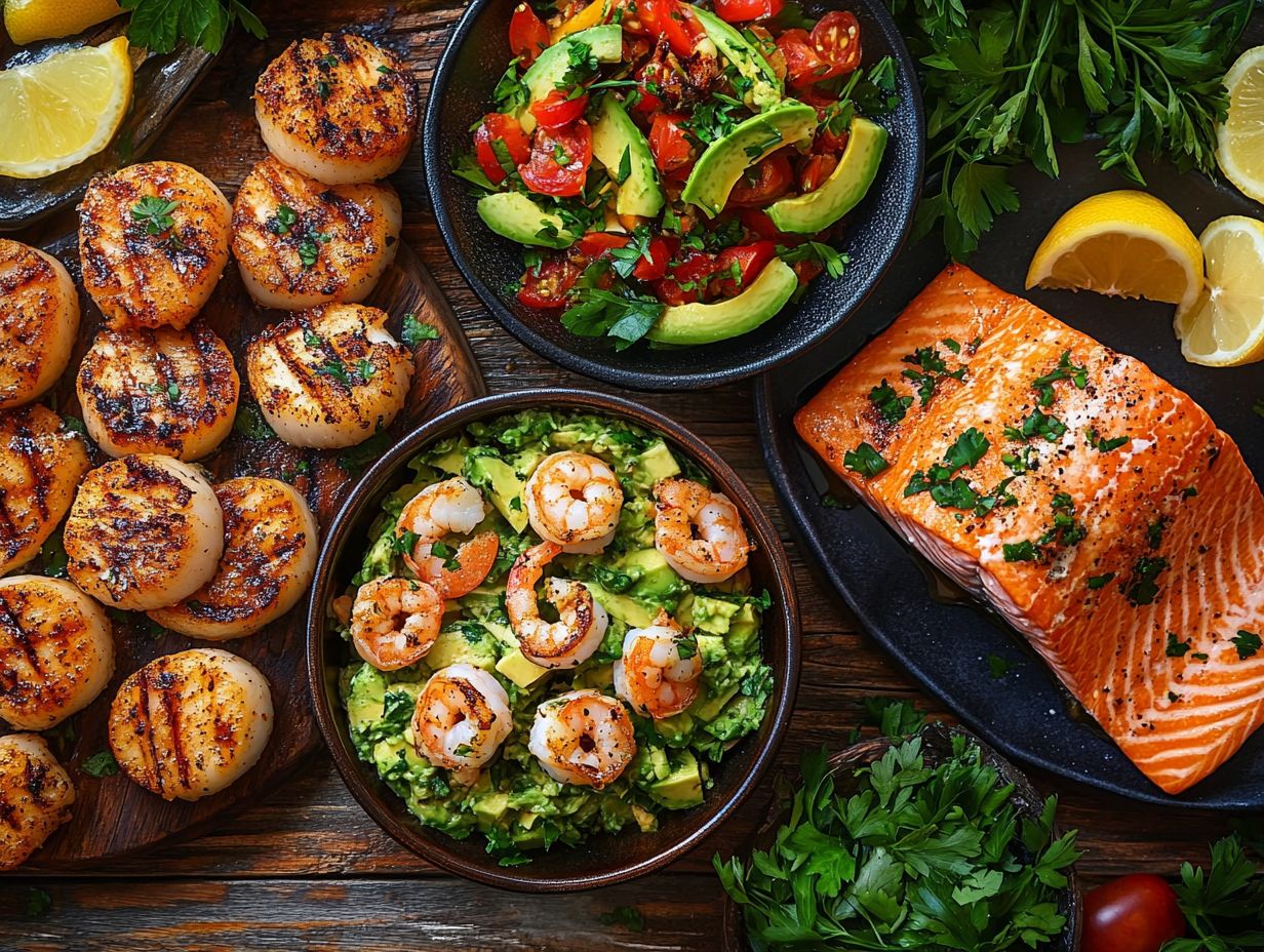 A variety of seafood dishes showcasing keto options