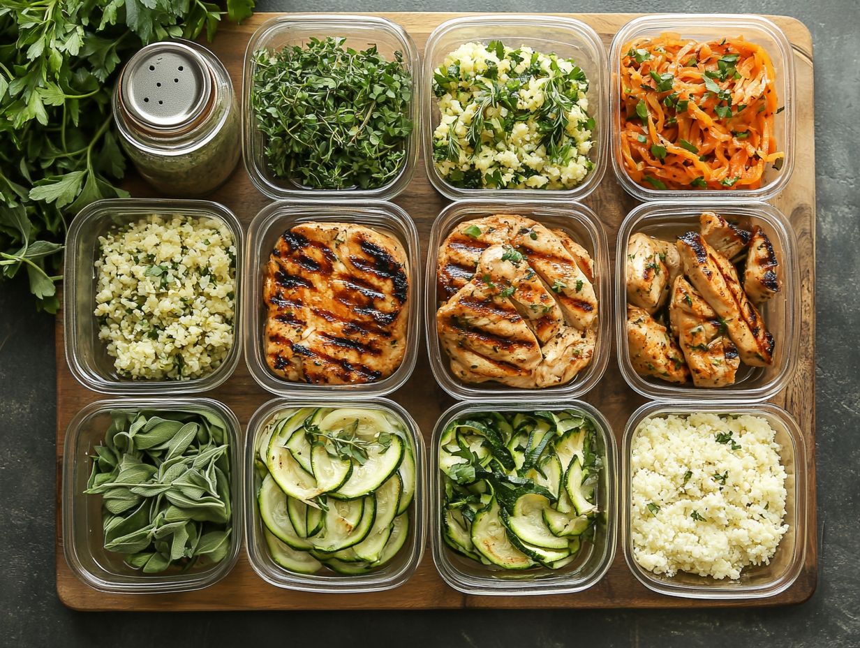 Colorful meal prep containers organized in a refrigerator for portion control