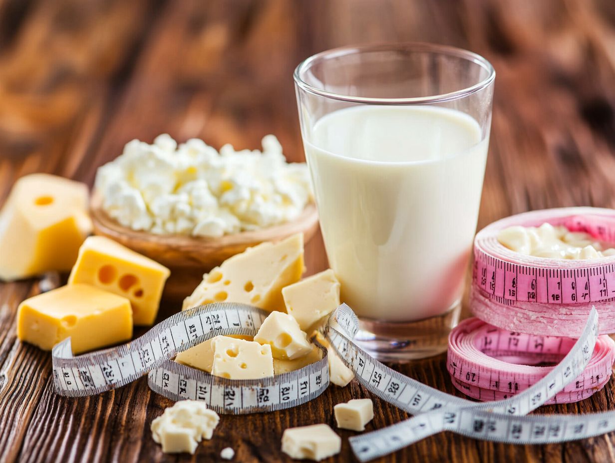 Illustration of various dairy products including milk, cheese, and yogurt.