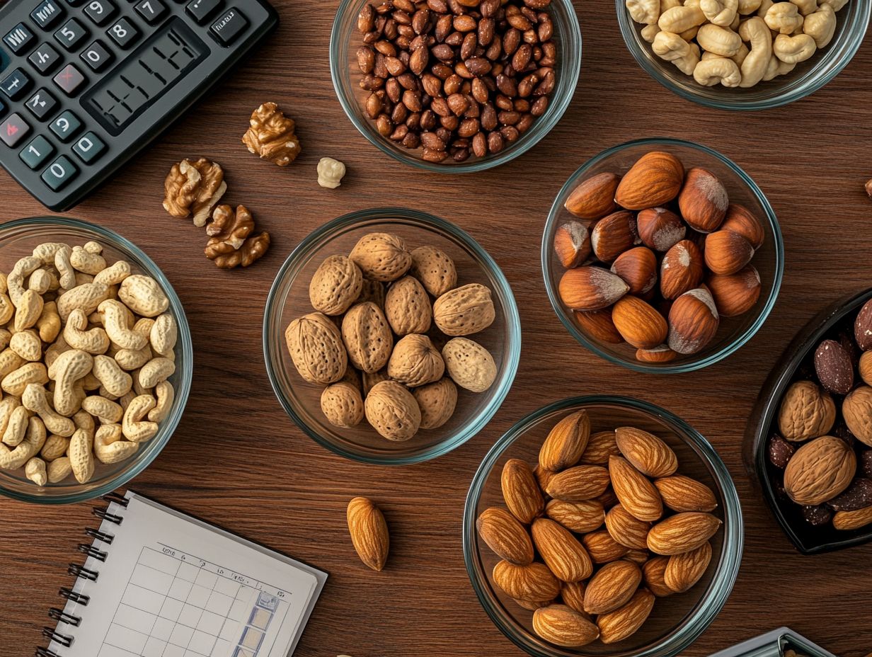 Nutritional breakdown and carb counts of different nuts displayed in a chart.